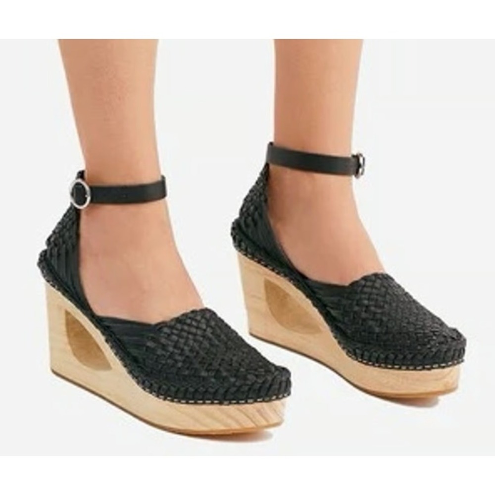 Free People Huarache Clogs Woven Leather Wood Wedge Sandal Black Womens 41 10